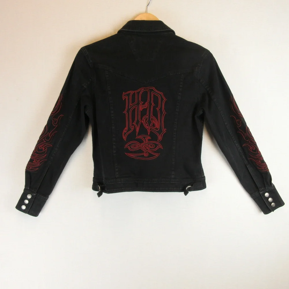 Harley Davidson Black Cotton Denim Jacket Size M Embroidered - Picture 9 of 11